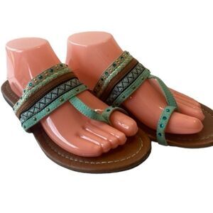 Aloha Island Sz 10M Turquoise Blue Brown Embellished Thong Sandals Slides Shoes